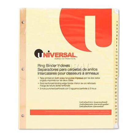 Universal One Preprinted Plastic-Coated Tab Dividers, 31 Numbered Tabs, Letter, Buff, 31/Set UNV20813***